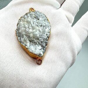 Smoke White Druzy Agate Geode Pendant 18K Gold Plated Boho Healing Crystal